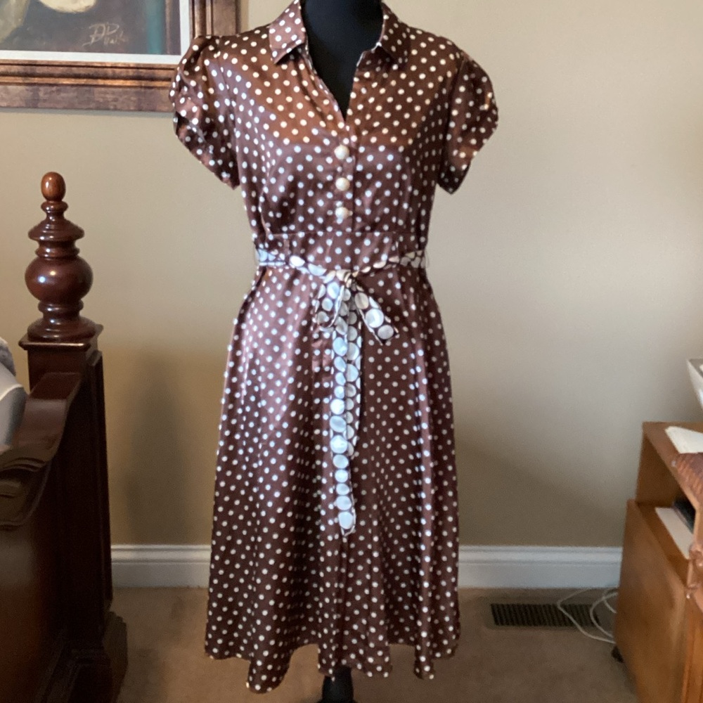 Amanda Lane Chocolate Brown Polka Dot Midi Dress Size 10